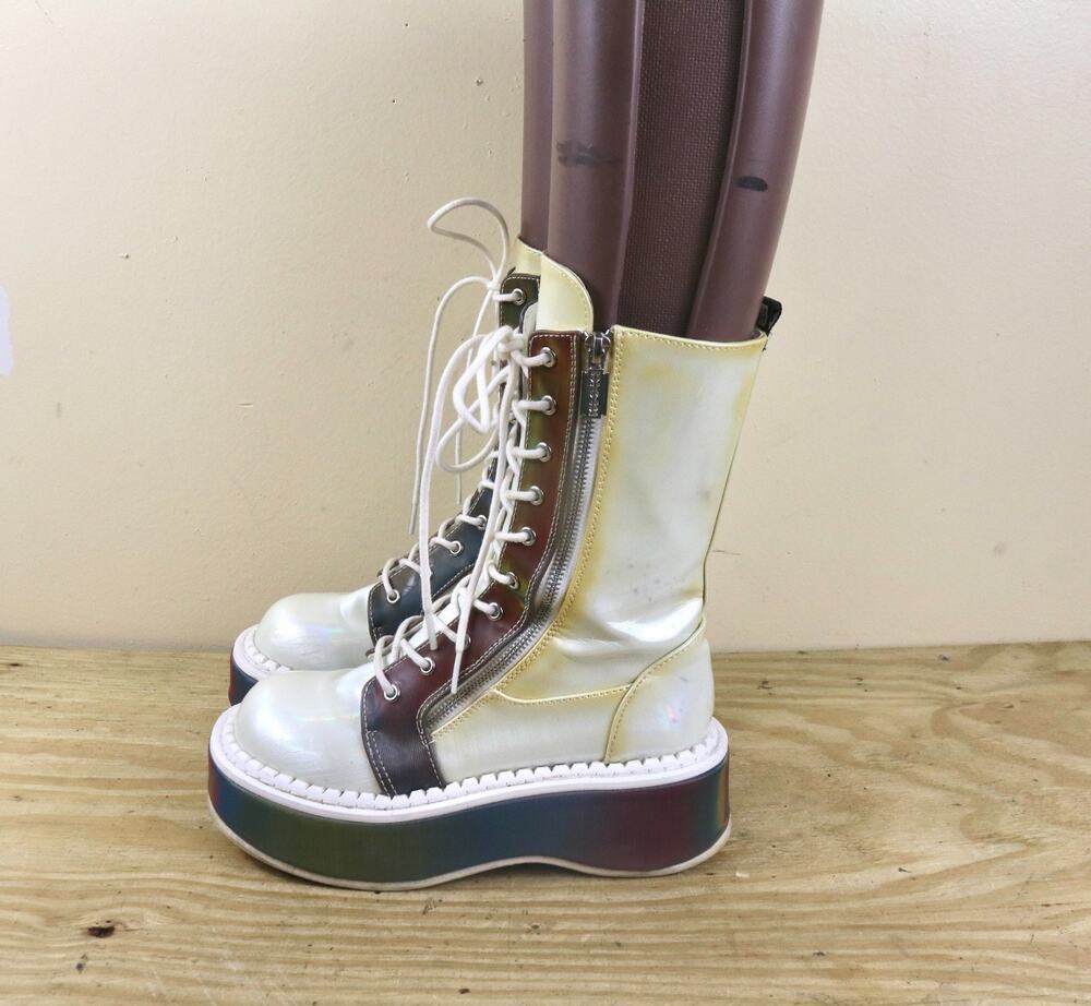 Demonia Boots 5 Emily 350 White Iridescent Rainbow Platform Techno Punk Rave